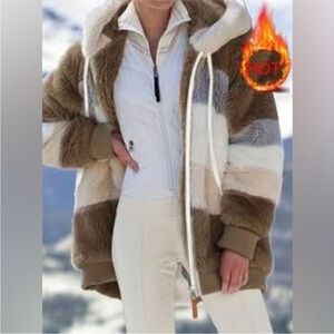 Shein Striped Sherpa Zip-Up Jacket in Brown, Gray & White